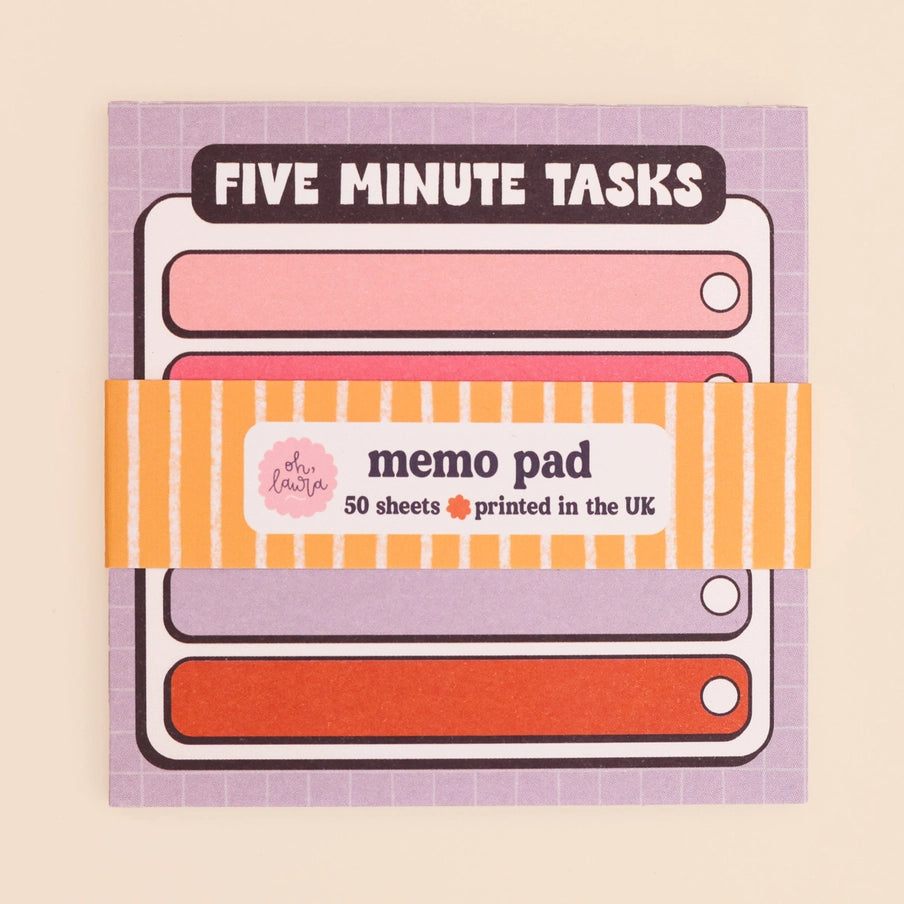 Memo pad packaging with 'Five Minute Tasks' text on a beige background
