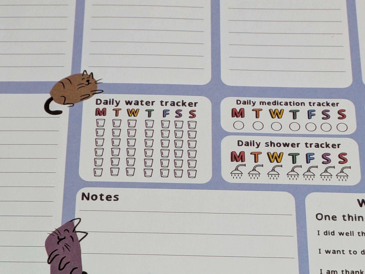 Desk planner with daily water, medication, and shower trackers.