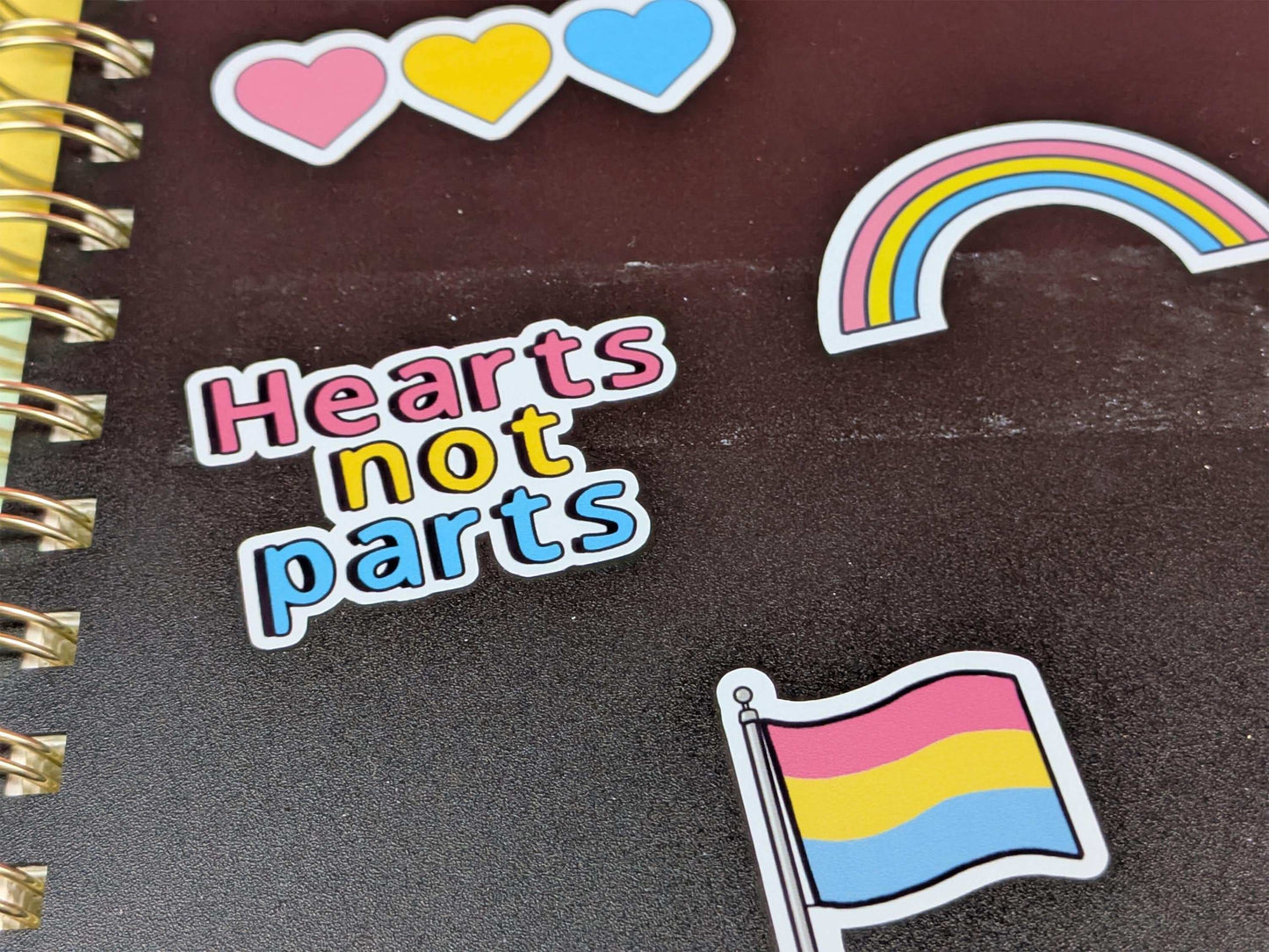 Notebook with stickers including 'Hearts not parts' and a pansexual flag.