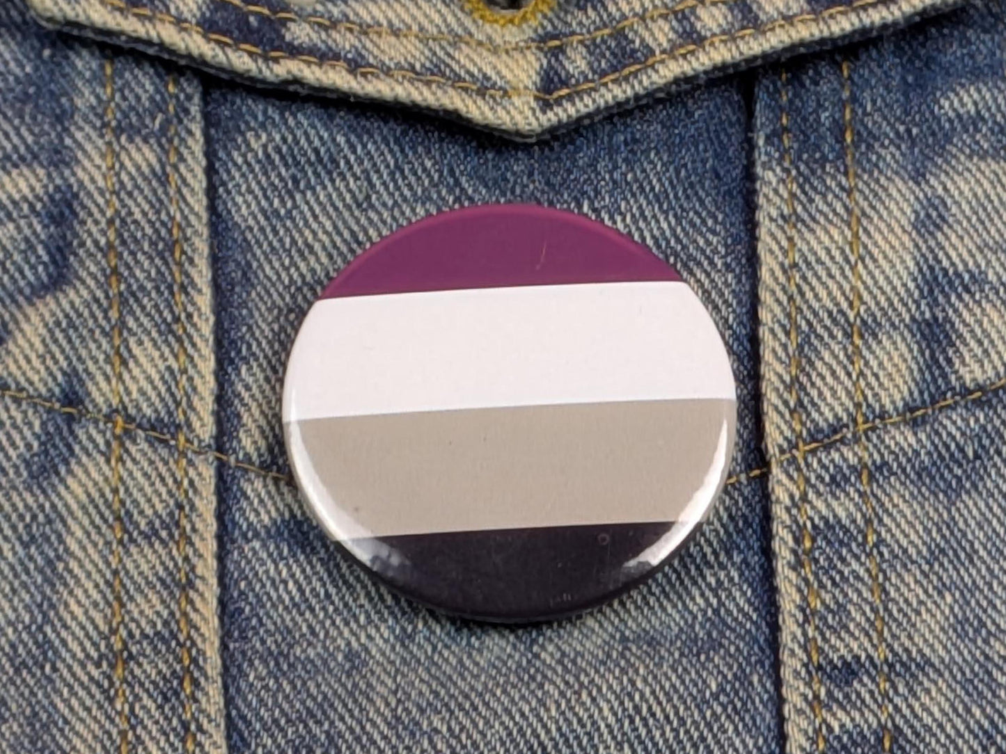 A button with a non-binary pride flag on a denim background