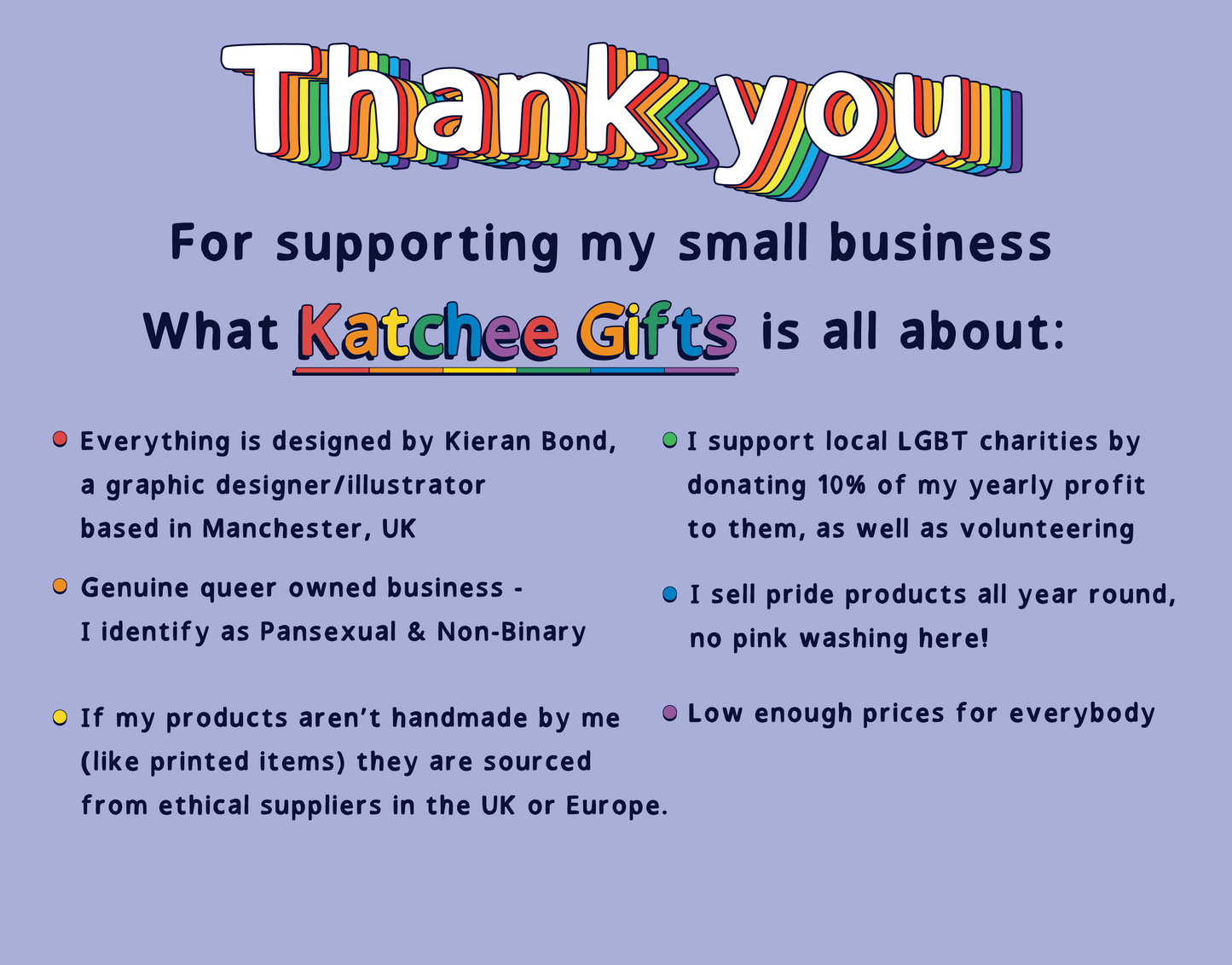 Promotional text for Katchee Gifts on a purple background with rainbow text.