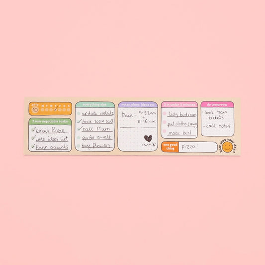 Set of colorful to-do list cards on a pink background
