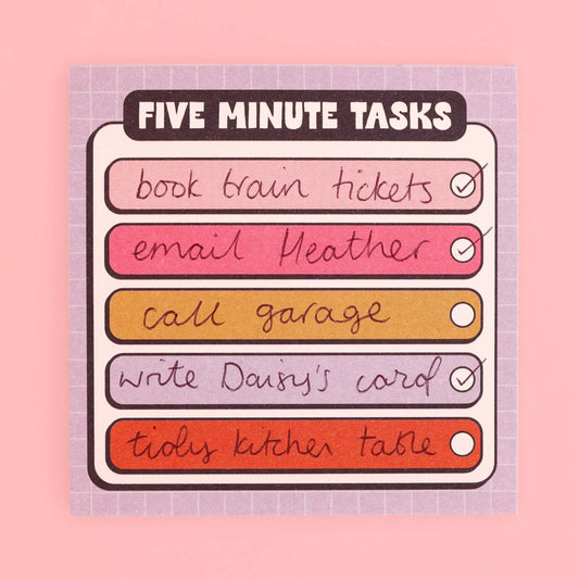 Checklist of five-minute tasks on a pink background