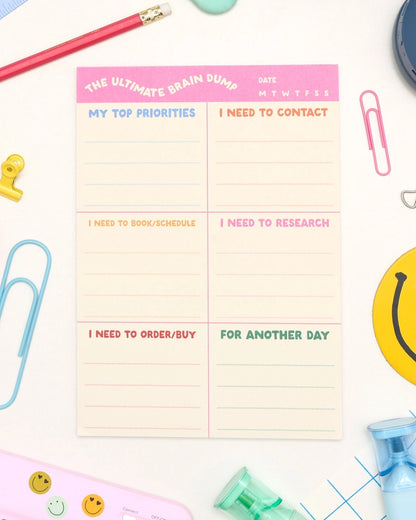 Notepad with task list on a desk with stationery items