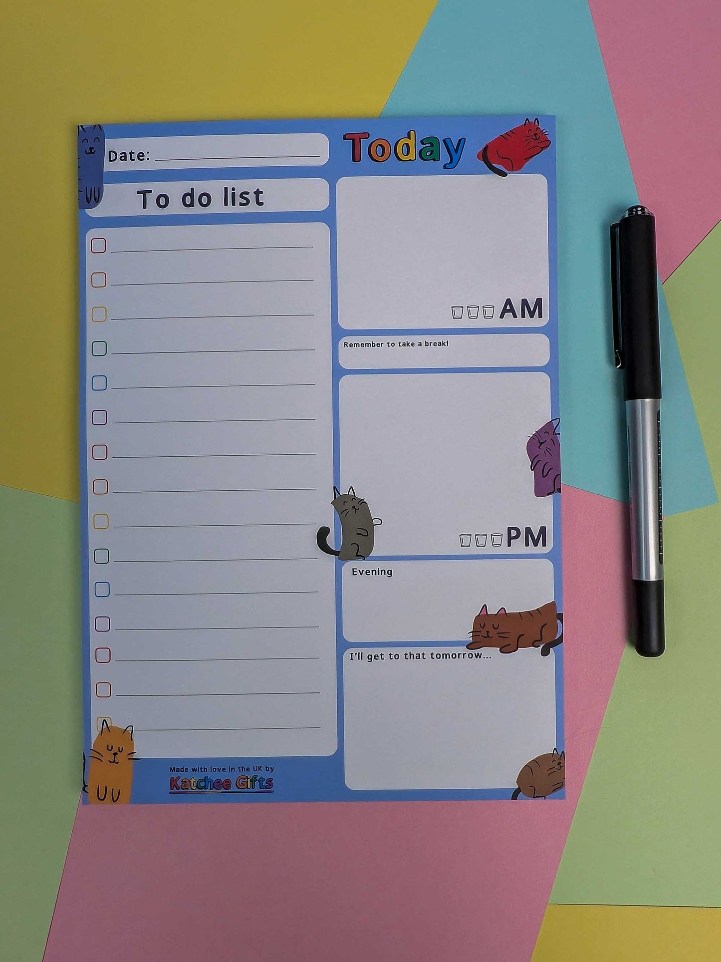 To-do list pad with cartoon animals on a colorful background