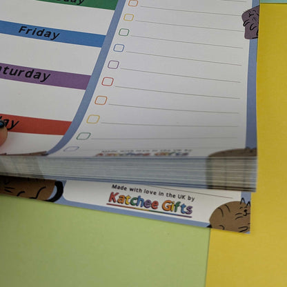 Notebook with a colorful label reading 'Made with love in the UK by Katchee Gifts' on a yellow background.