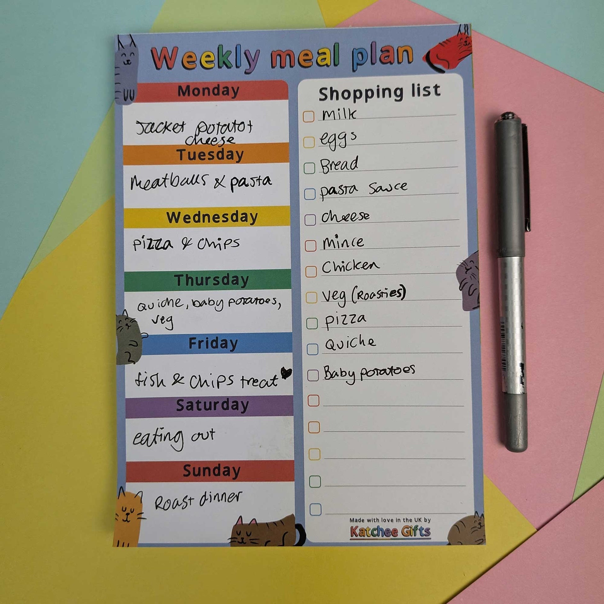 Weekly meal plan and shopping list with cartoon cats on a colourful background