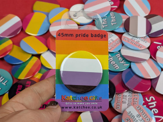 Non binary flag badge on a colourful background with 'Katchee Gifts' packaging