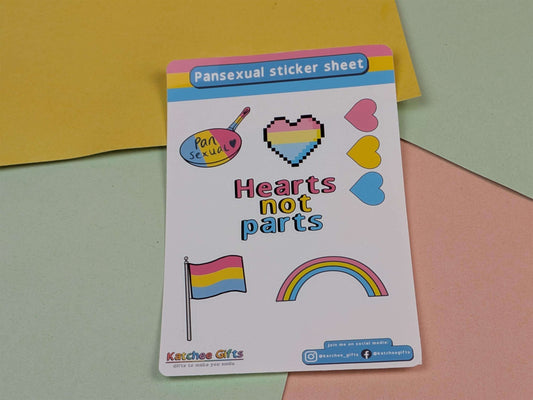 Pansexual sticker sheet with hearts not parts text on a colorful background