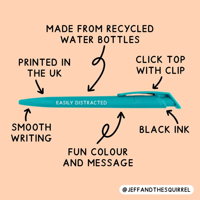 A teal pen centered on a peach background with multiple black callout arrows and text describing features such as recycled water bottle material, UK printing, click top with clip, smooth writing, black ink, and a funny message. Brand handle @JEFFANDTHESESQUIRREL appears at the bottom right.