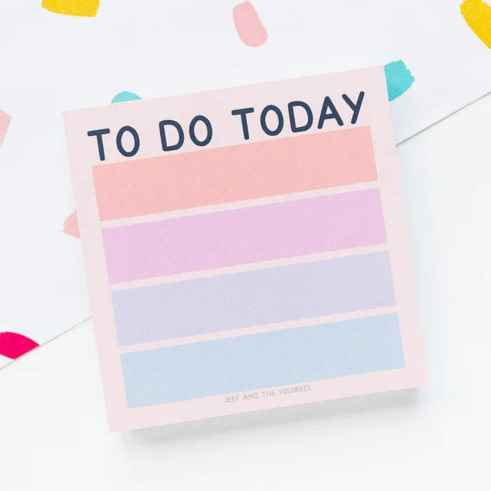 A pastel 'TO DO TODAY' notepad with horizontal pink, lavender, and blue stripes on a white background with colorful confetti accents.