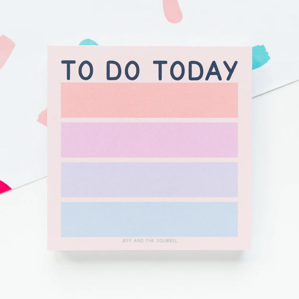 A pastel-colored 'TO DO TODAY' sticky note pad by Jeff and the Squirrel, featuring four horizontal pastel stripes in pink, purple, lavender, and light blue on a white background.