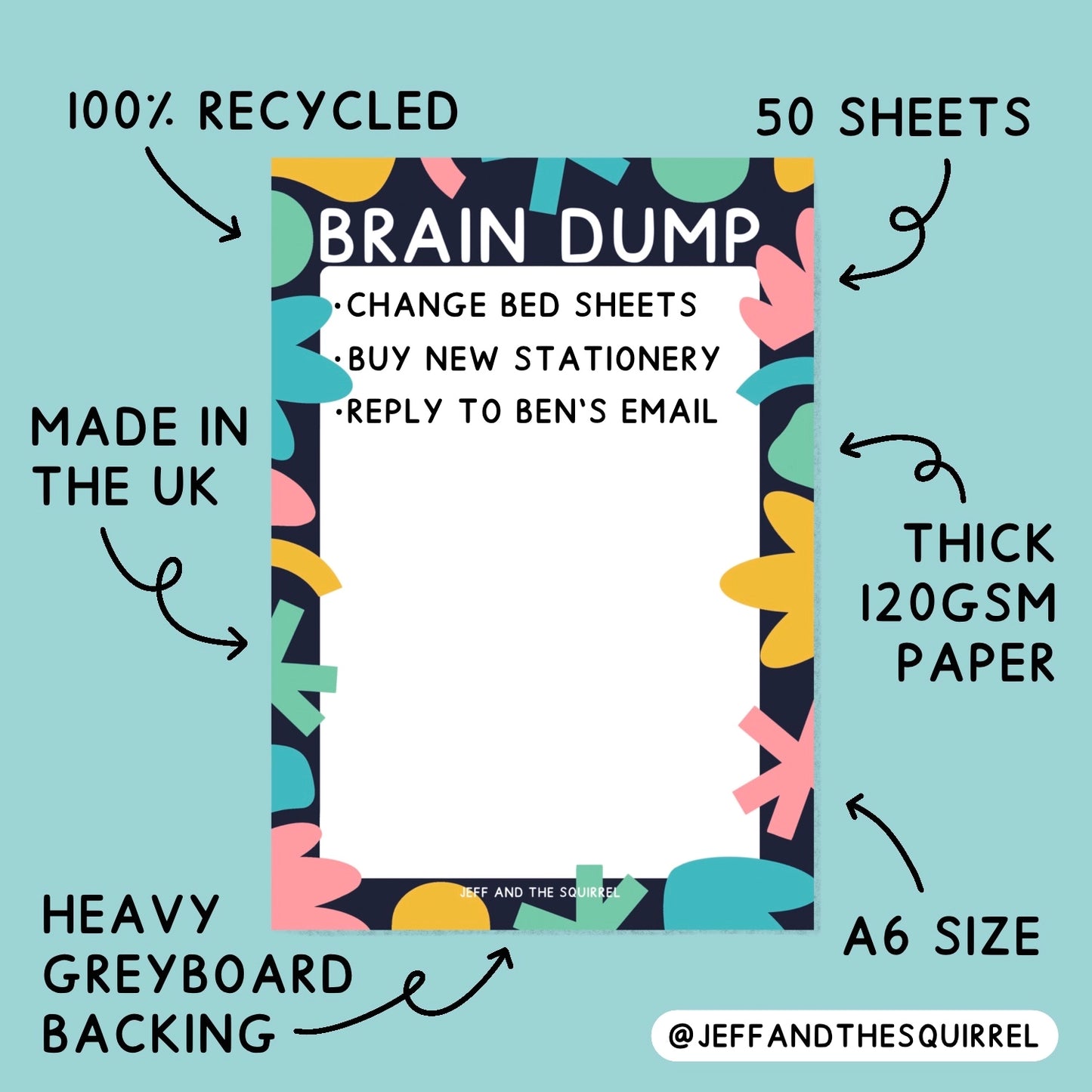 A product infographic for a 'Brain Dump' notepad by Jeff and the Squirrel. The notepad features a colorful abstract floral border on a navy background with a white center.