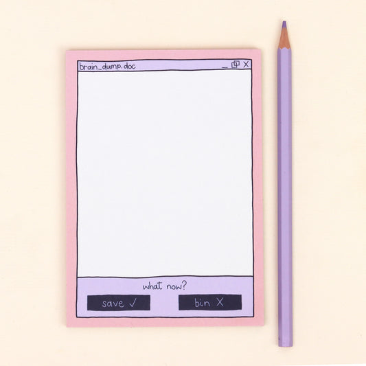 Notepad styled like a computer screen on a cream background with a pencil for scale