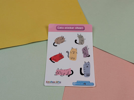 Sheet of cat stickers on a colorful background