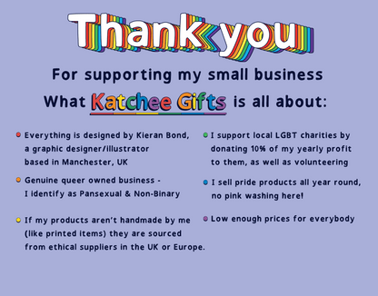 Promotional text for Katchee Gifts on a purple background with rainbow text.