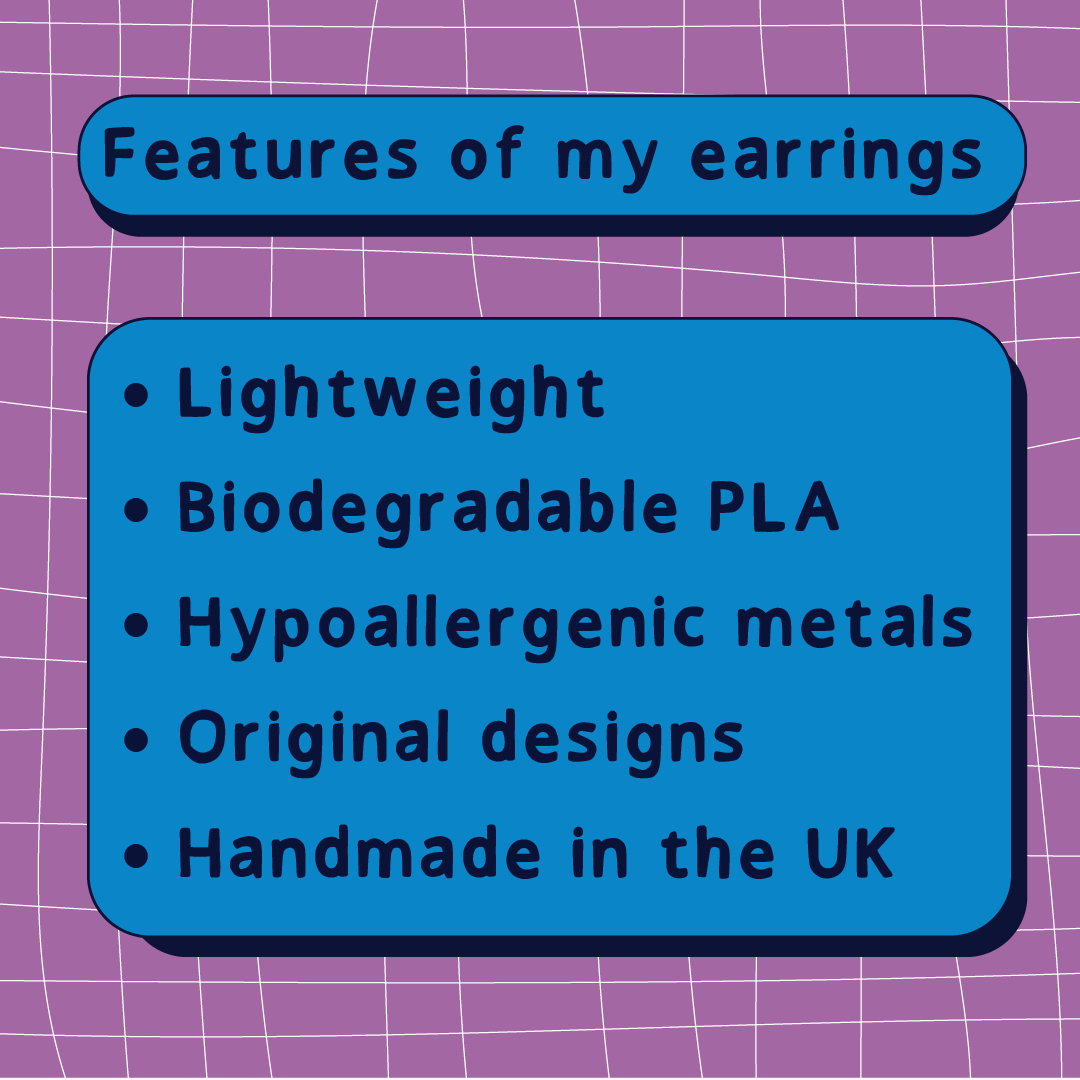 List of features of earrings on a purple grid background