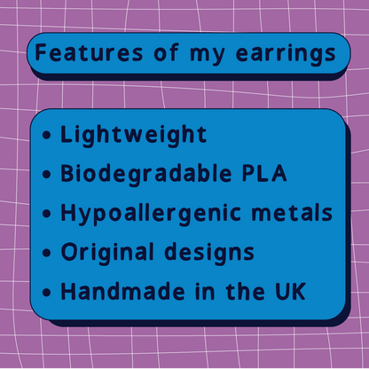 List of features of earrings on a purple grid background