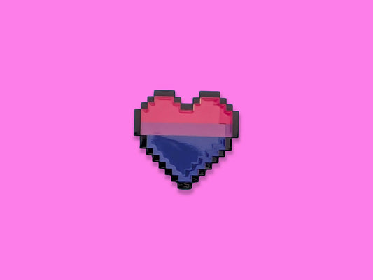 Pixelated bisexual pride heart symbol on a pink background