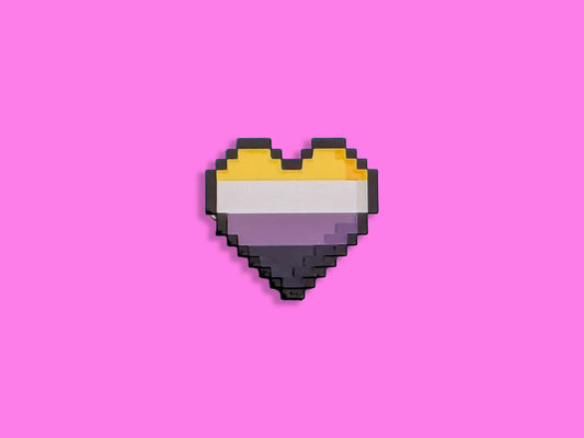 Pixelated heart-shaped badge with a non-binary flag design on a pink background