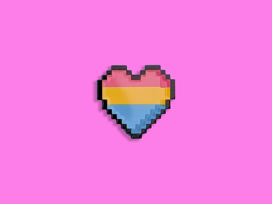 Pixelated heart-shaped flag with pink, yellow, and blue colors on a pink background