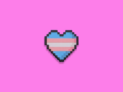 Pixelated heart-shaped transgender flag on a pink background
