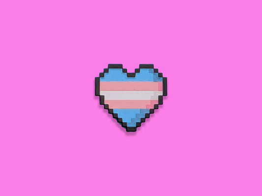 Pixelated heart-shaped transgender flag on a pink background