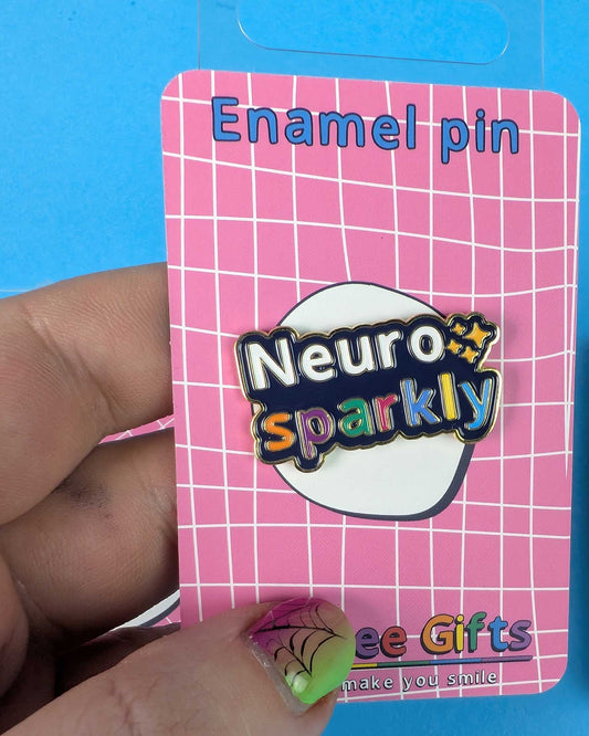 Neuro Sparkly enamel pin on a pink card with 'katchee Gifts' branding